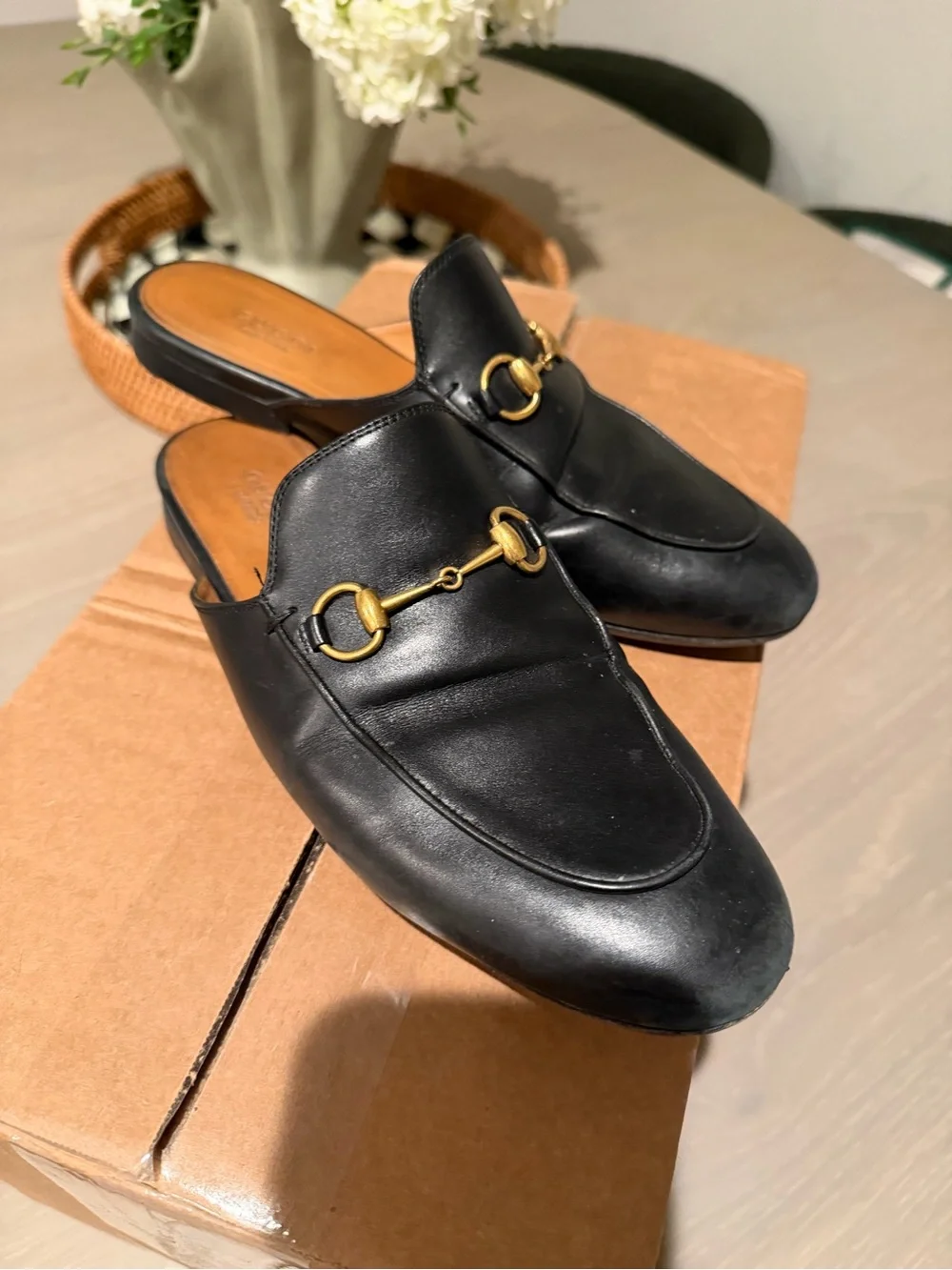 Gucci Black Leather Horsebit Backless Loafers